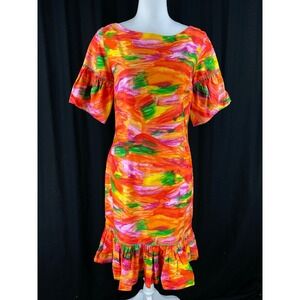Sun Ray Arizona (Fits M) Peplum Neon Vtg 50s Boatneck Hawaiian Dress Brushstroke